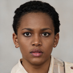 Neutral black young-adult female with short  brown hair and brown eyes