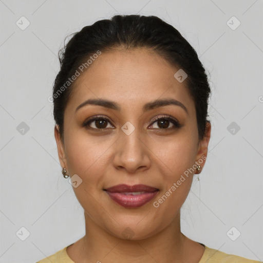 Joyful latino young-adult female with short  brown hair and brown eyes