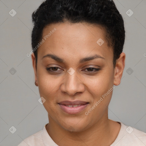 Joyful latino young-adult female with short  black hair and brown eyes