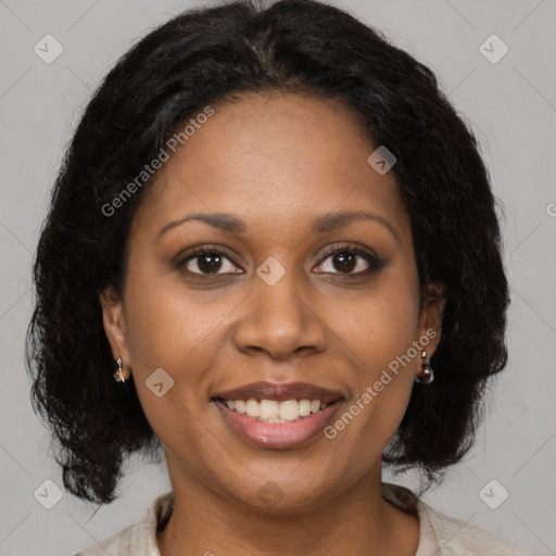 Joyful black young-adult female with medium  brown hair and brown eyes