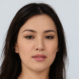 Neutral asian young-adult female with long  brown hair and brown eyes