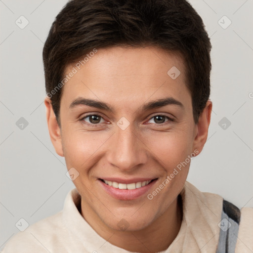 Joyful white young-adult female with short  brown hair and brown eyes