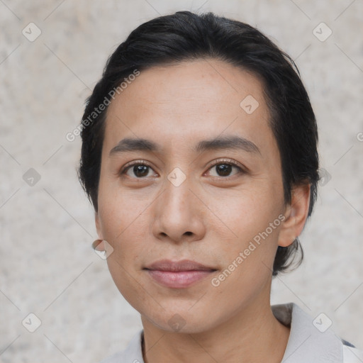 Neutral asian young-adult male with short  black hair and brown eyes