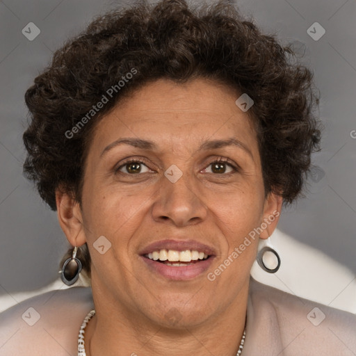 Joyful white adult female with short  brown hair and brown eyes