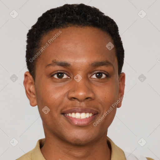 Joyful black young-adult male with short  brown hair and brown eyes