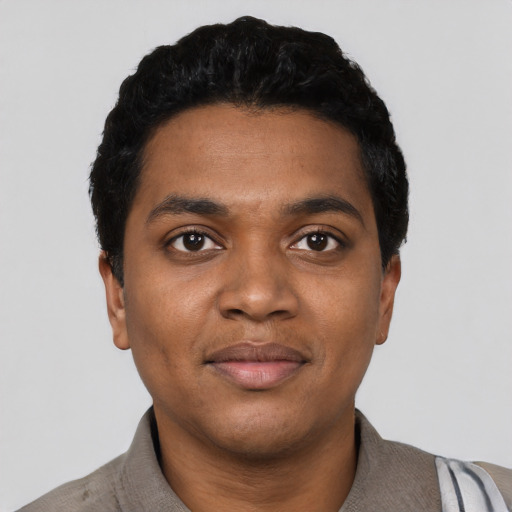 Joyful black young-adult male with short  black hair and brown eyes
