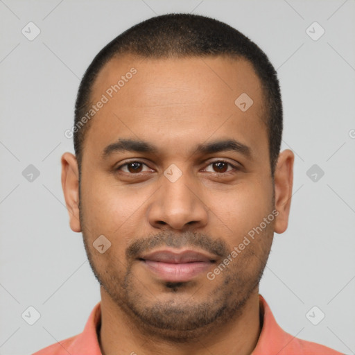 Neutral latino young-adult male with short  brown hair and brown eyes