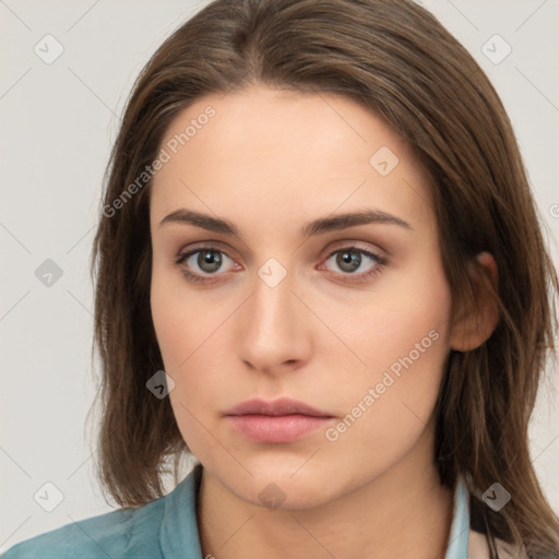 Neutral white young-adult female with medium  brown hair and brown eyes