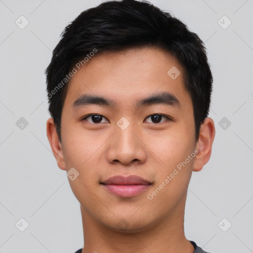 Neutral asian young-adult male with short  black hair and brown eyes