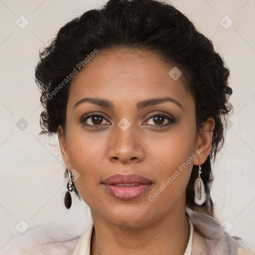 Joyful latino young-adult female with long  brown hair and brown eyes