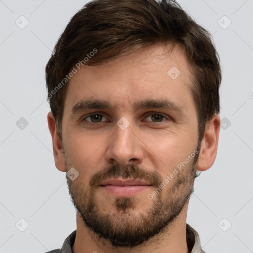 Neutral white young-adult male with short  brown hair and brown eyes