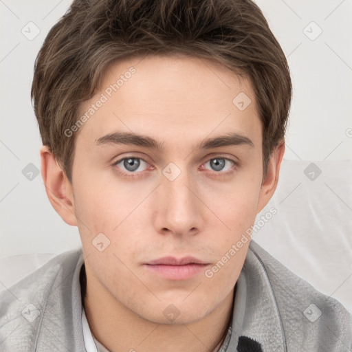 Neutral white young-adult male with short  brown hair and grey eyes