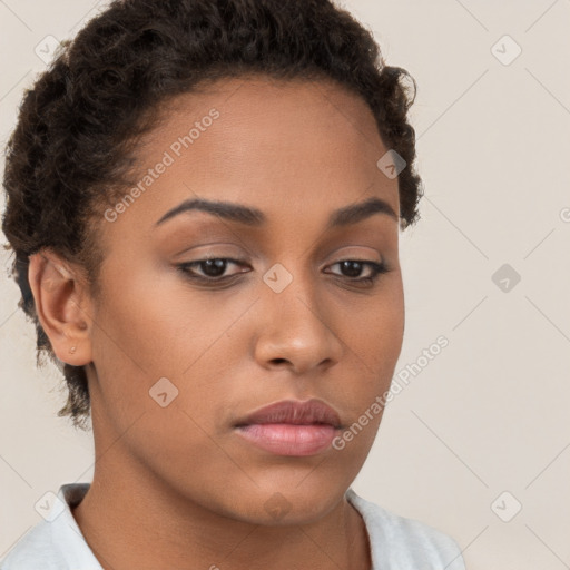 Neutral white young-adult female with short  brown hair and brown eyes