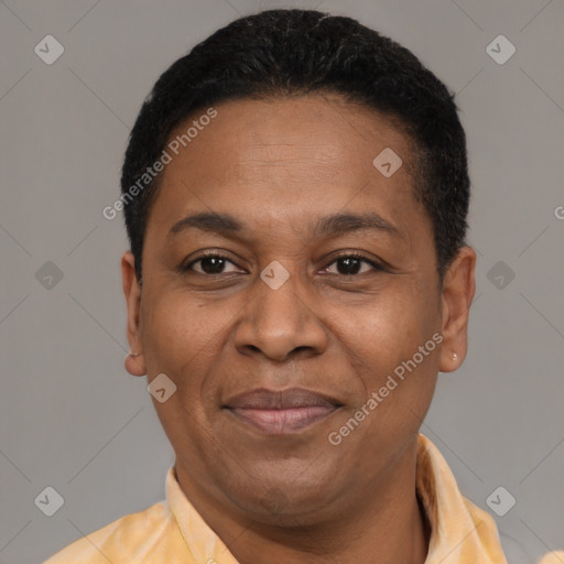 Joyful latino adult male with short  black hair and brown eyes