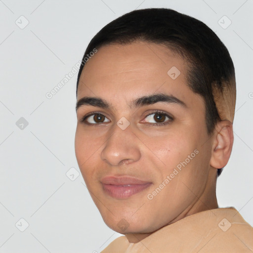 Joyful white young-adult female with short  brown hair and brown eyes