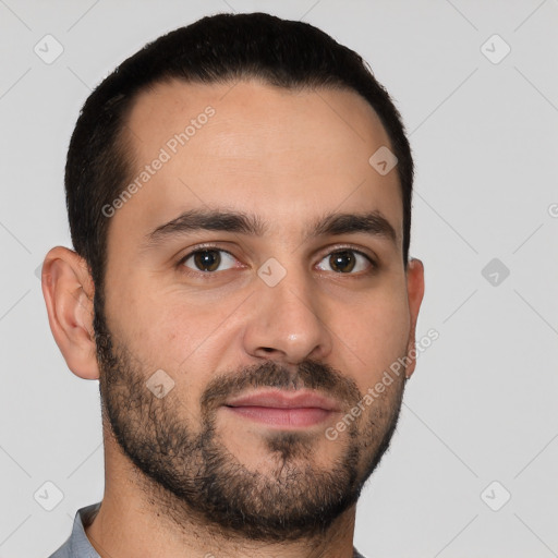 Joyful white young-adult male with short  brown hair and brown eyes