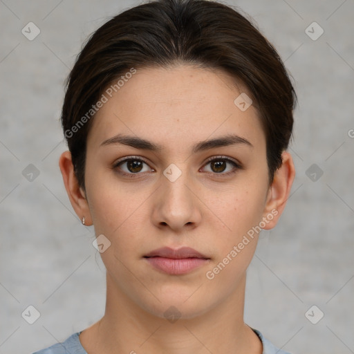 Neutral white young-adult female with short  brown hair and brown eyes