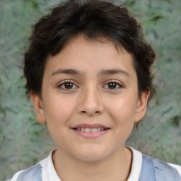 Joyful white child female with short  brown hair and brown eyes