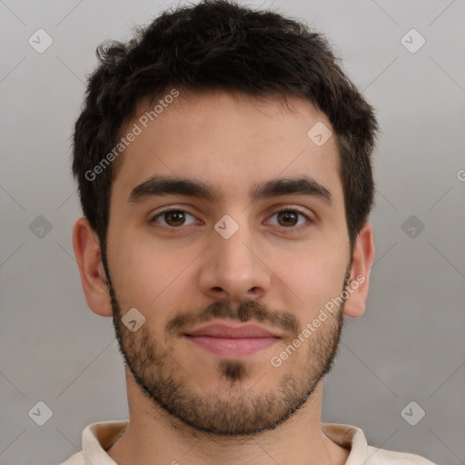 Neutral white young-adult male with short  brown hair and brown eyes