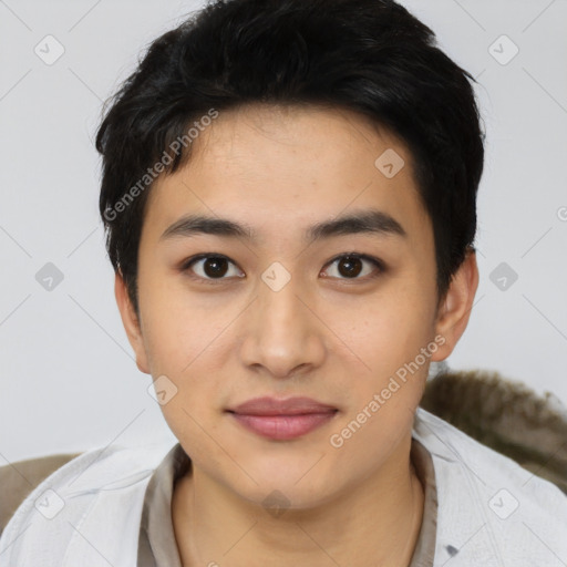 Joyful white young-adult female with short  black hair and brown eyes