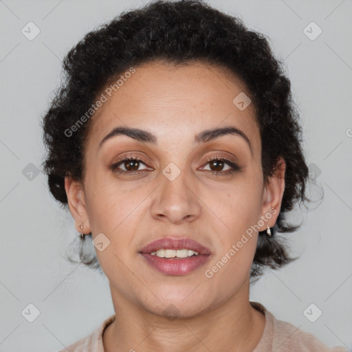 Joyful latino young-adult female with short  brown hair and brown eyes