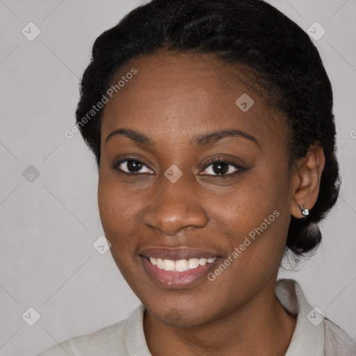 Joyful black young-adult female with medium  black hair and brown eyes