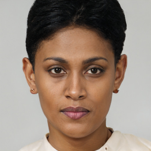 Joyful black young-adult female with short  black hair and brown eyes
