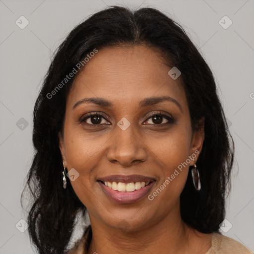 Joyful black young-adult female with medium  brown hair and brown eyes