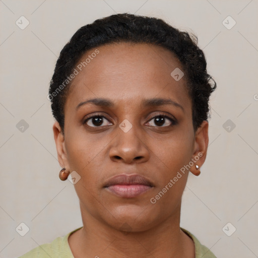 Neutral black young-adult female with short  black hair and brown eyes