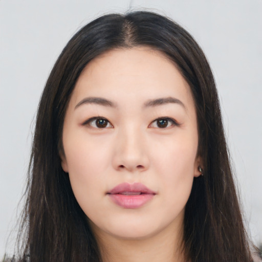 Neutral asian young-adult female with long  brown hair and brown eyes