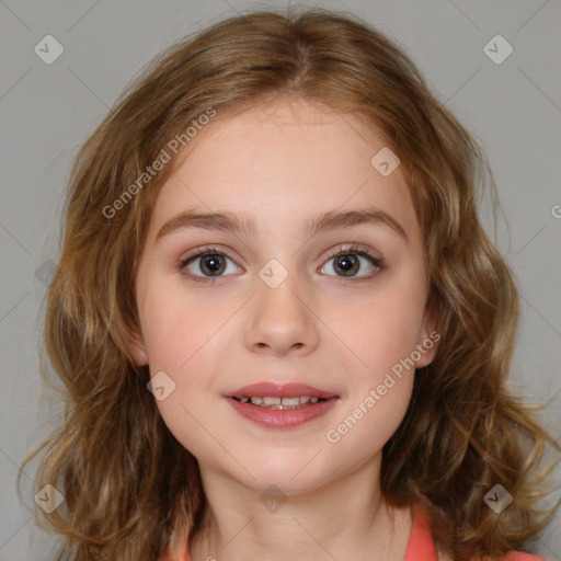 Joyful white child female with medium  brown hair and brown eyes