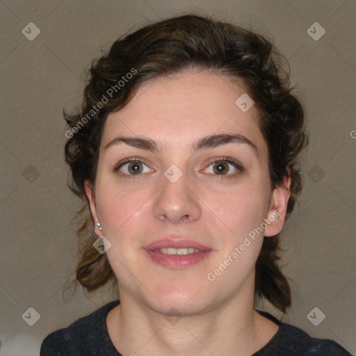 Joyful white young-adult female with medium  brown hair and green eyes