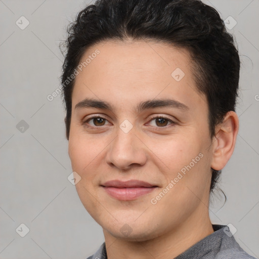 Joyful white young-adult female with short  brown hair and brown eyes