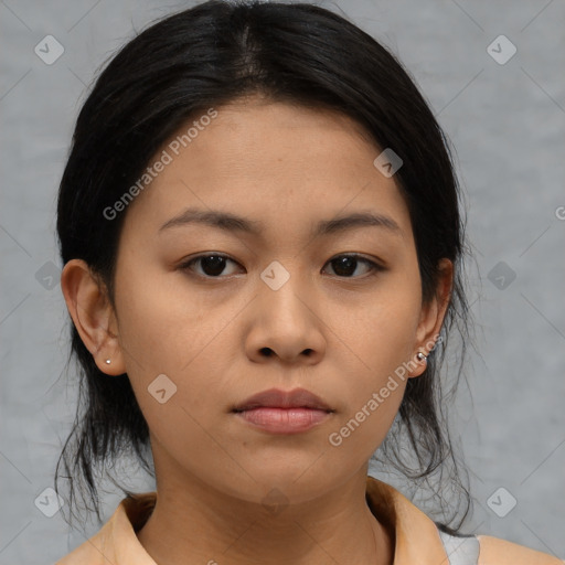 Neutral asian young-adult female with medium  black hair and brown eyes