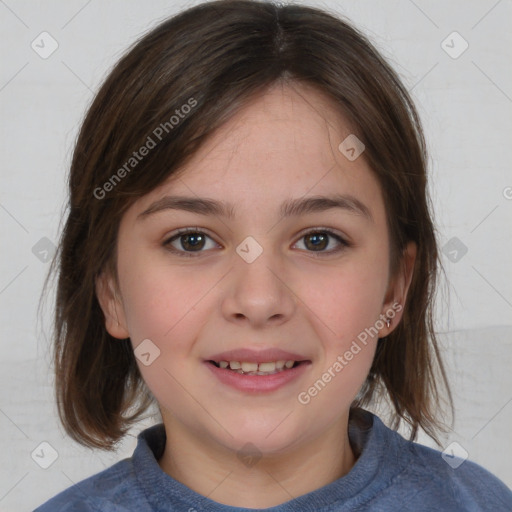 Joyful white child female with medium  brown hair and brown eyes