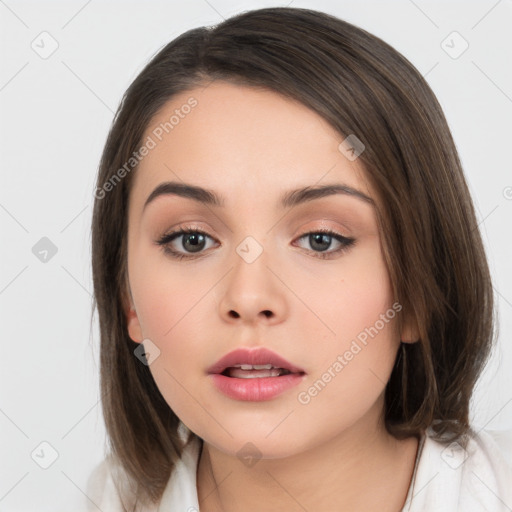 Neutral white young-adult female with medium  brown hair and brown eyes