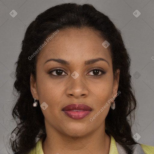Joyful black young-adult female with long  brown hair and brown eyes