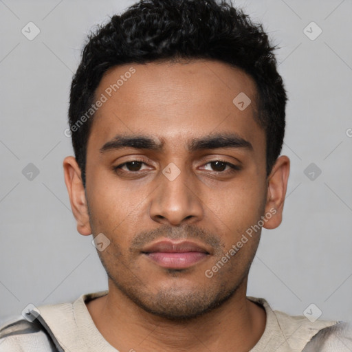 Neutral latino young-adult male with short  black hair and brown eyes