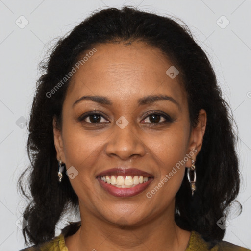 Joyful black young-adult female with medium  brown hair and brown eyes