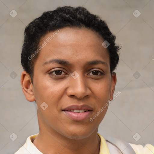 Joyful latino young-adult female with short  brown hair and brown eyes