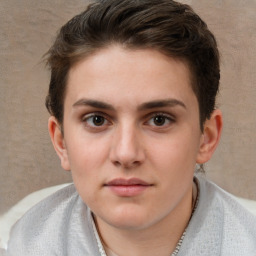 Neutral white young-adult female with short  brown hair and brown eyes