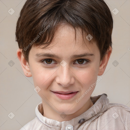 Joyful white child female with short  brown hair and brown eyes