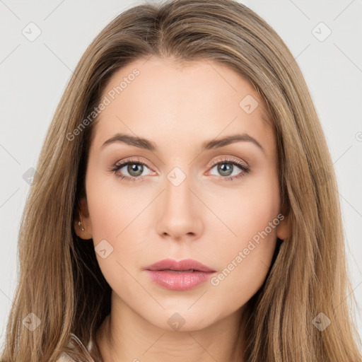 Neutral white young-adult female with long  brown hair and brown eyes