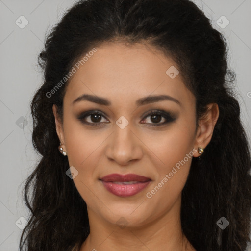 Joyful latino young-adult female with long  brown hair and brown eyes