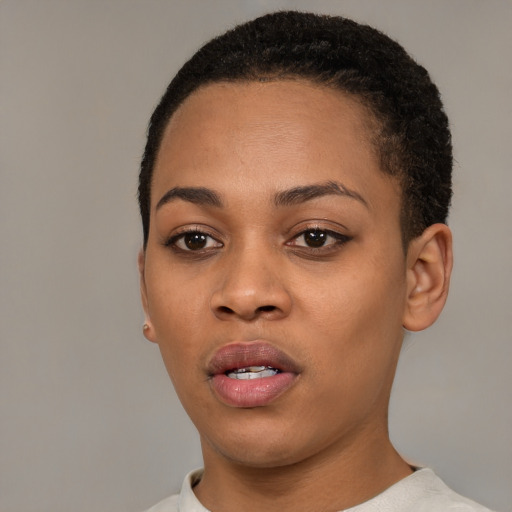 Neutral black young-adult female with short  black hair and brown eyes