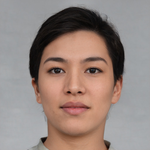 Neutral asian young-adult female with short  brown hair and brown eyes