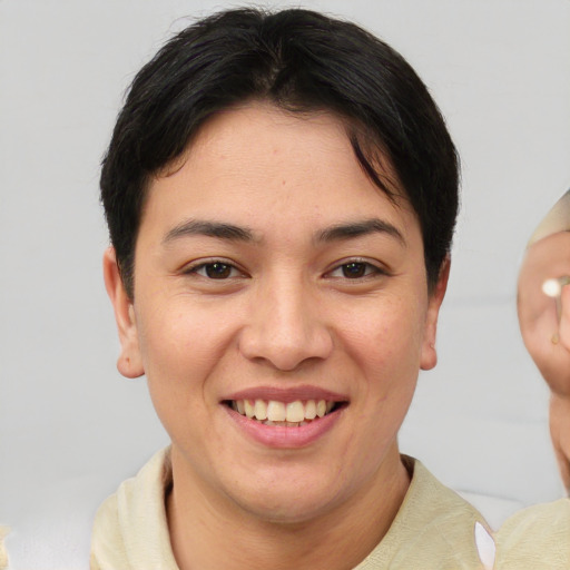 Joyful white young-adult female with short  brown hair and brown eyes