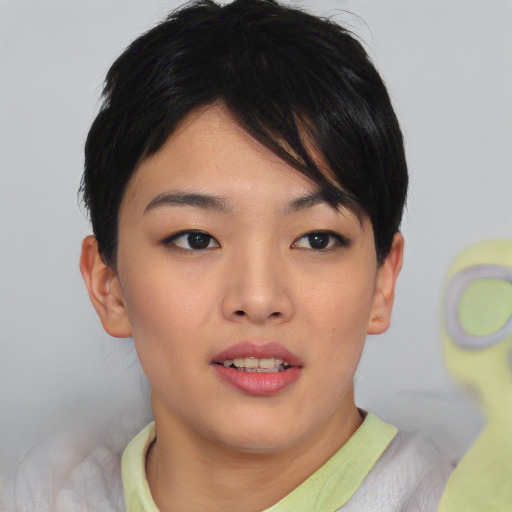 Joyful asian young-adult female with short  black hair and brown eyes