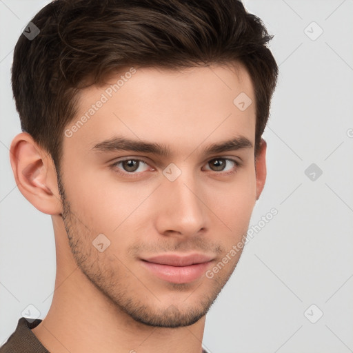 Neutral white young-adult male with short  brown hair and brown eyes