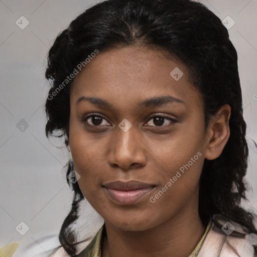 Joyful latino young-adult female with medium  black hair and brown eyes